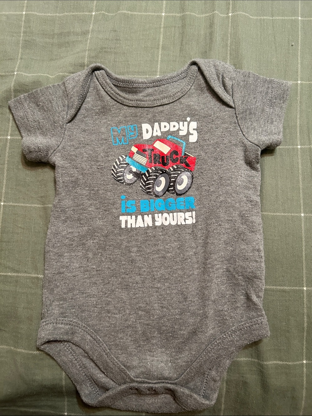 Gray Baby One-Piece Bodysuit with Red Truck Graphic
